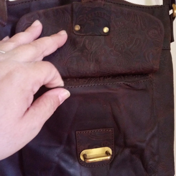 Rustic Dark brown floral embossed burnished leather crossbody bag - Picture 3 of 11